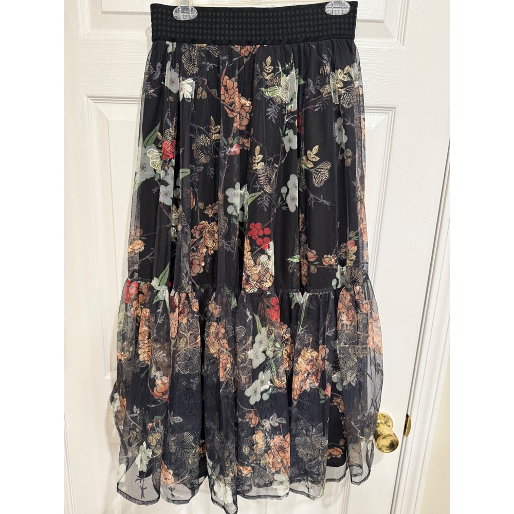 Gracia Floral Embroidered Mesh MIDI Black Tiered Tulle Size S NWT